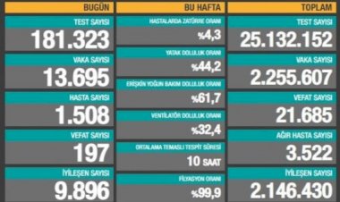 Türkiye'de 197 can kaybı, 13 bin 695 yeni vaka