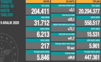 Türkiye'de 217 can kaybı, 31 bin 736 yeni hasta