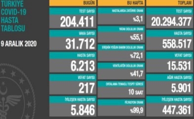 Türkiye'de 217 can kaybı, 31 bin 736 yeni hasta