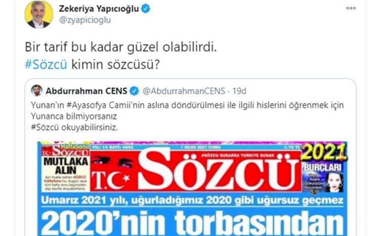 HÜDA PAR’dan Sözcü gazetesine Ayasofya tepkisi: Sözcü kimin sözcüsü?